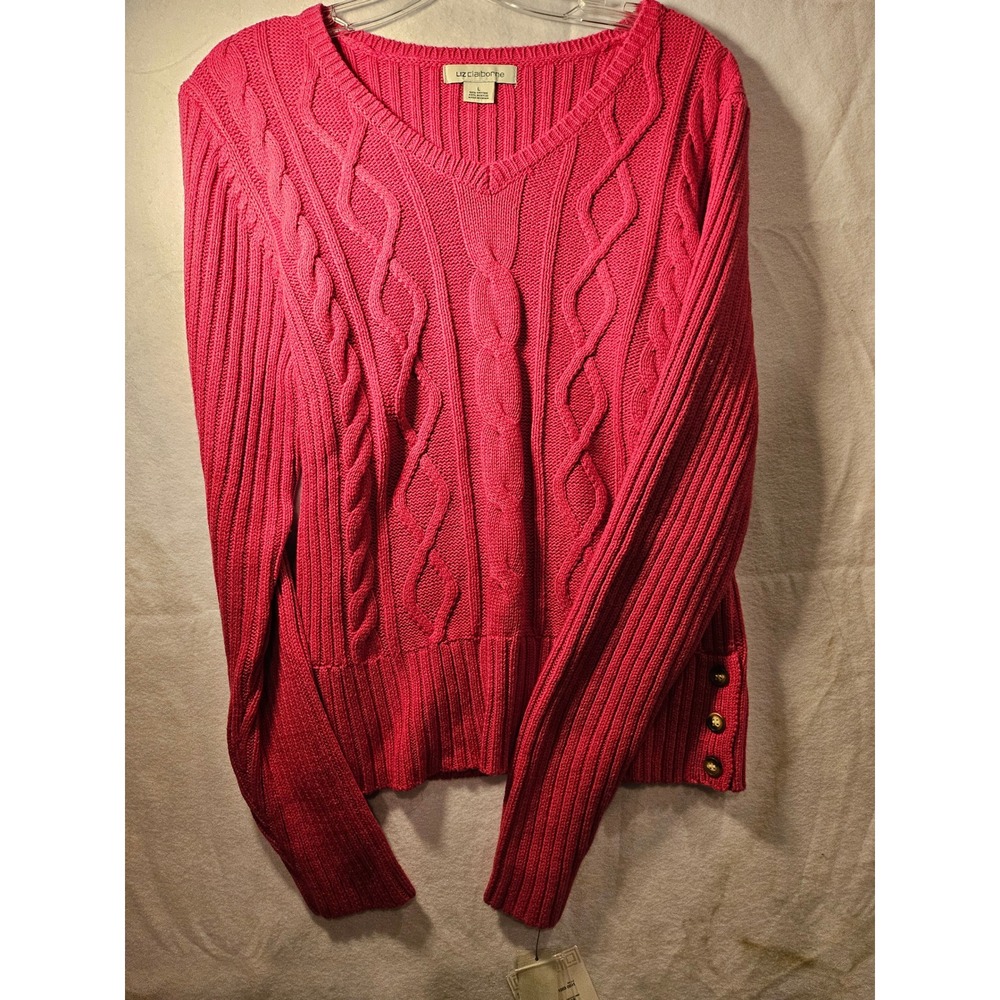 Liz Claiborne Pink Cable Knit V-Neck Sweater Button Detail 4009 Womens Large NEW